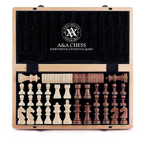 A&A 15 inch Wooden Folding Chess & Checkers Set w/ 3 inch King Height Staunton Chess Pieces / 2 Extra Queens - Beech Box w/Maple & Walnut Inlay