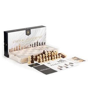 A&A 15 inch Wooden Folding Chess & Checkers Set w/ 3 inch King Height Staunton Chess Pieces / 2 Extra Queens - Beech Box w/Maple & Walnut Inlay