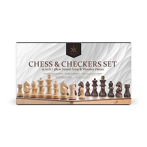 A&A 15 inch Wooden Folding Chess & Checkers Set w/ 3 inch King Height Staunton Chess Pieces / 2 Extra Queens - Beech Box w/Maple & Walnut Inlay