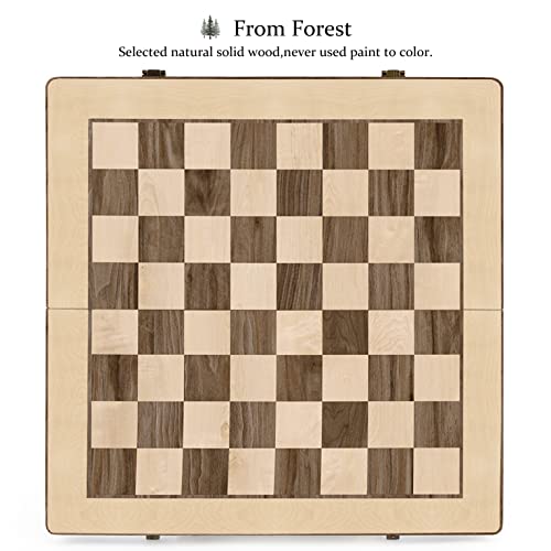 A&A 15 inch Wooden Folding Chess & Checkers Set w/ 3 inch King Height Staunton Chess Pieces / 2 Extra Queens - Beech Box w/Maple & Walnut Inlay