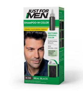 just for men shampoo-in color (formerly original formula), mens hair color with keratin and vitamin e for stronger hair - real black, h-55, pack of 1