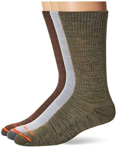 merrell mens cushioned hiker crew 3 pair casual sock, dark brown, dark grey/light grey, olive green, small-medium us