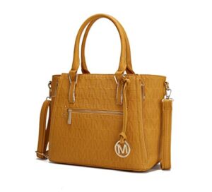 mkf crossbody shoulder bag for women – pu leather top handle pocketbook – roomy tote satchel handbag purse m charm mustard