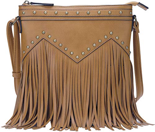 B BRENTANO Vegan Fringed Crossbody Bag with Studs (Mustard)