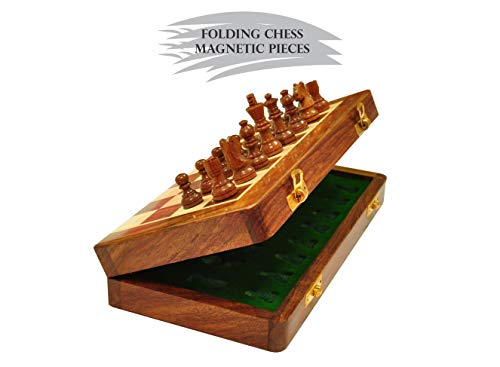 PALM ROYAL HANDICRAFTS Rosewood Magnetic Wooden Chess Set-2 Extra Queens-Folding Board, Handmade Portable Travel Chess Board Game Sets - Chess Set for Kids and Adults(10x10 Inches)