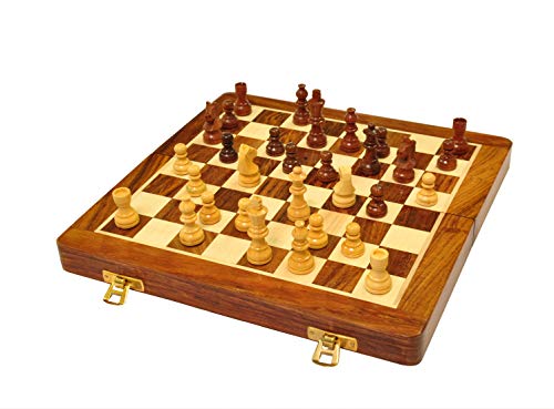 PALM ROYAL HANDICRAFTS Rosewood Magnetic Wooden Chess Set-2 Extra Queens-Folding Board, Handmade Portable Travel Chess Board Game Sets - Chess Set for Kids and Adults(10x10 Inches)