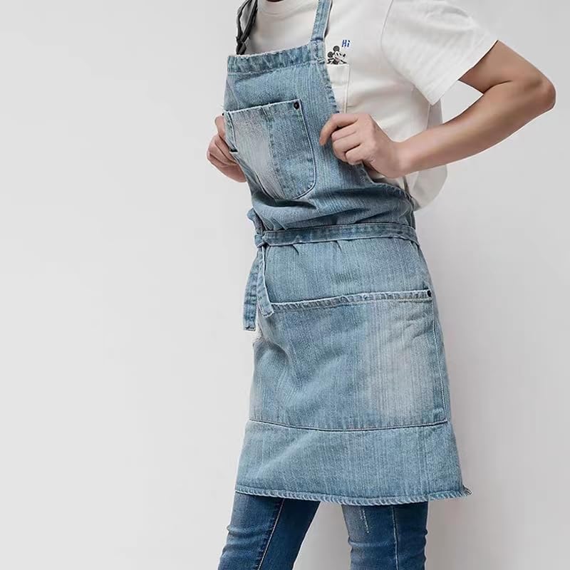 Jowcud Cotton Adjustable Bib Apron with 5 Pockets Cooking Kitchen Aprons Women Men Denim Jean Apron for Cafes Bars Kitchens