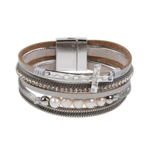 vercret leather wrap bracelet for women - multi-layer bracelets for lady, ideal gift bracelet for women, mom (pearl cross grey)