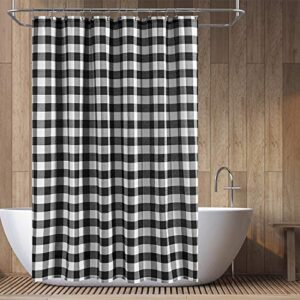 barossa design buffalo check shower curtain: cotton blend plaid woven texture & machine washable, water-repellent, rustic farmhouse style for bathroom - black and white, 71x72 inch