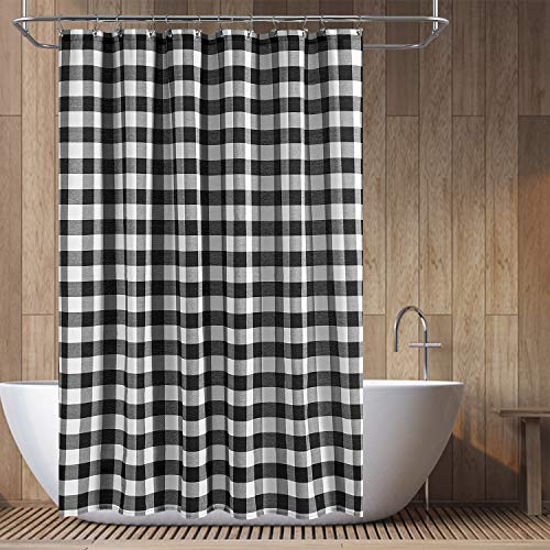 Barossa Design Buffalo Check Shower Curtain: Cotton Blend Plaid Woven Texture & Machine Washable, Water-Repellent, Rustic Farmhouse Style for Bathroom - Black and White, 71x72 Inch