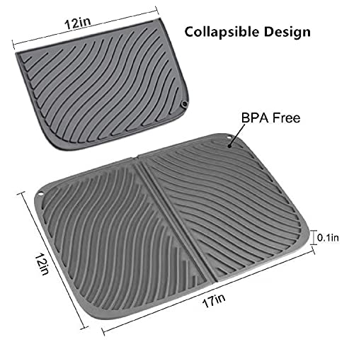 IYYI Silicone Dish Drying Mat Large Draining Mat Foldable Drainer Mat Heat Resistant Dryer Mat Dishwasher Safe Drainboard (L+Gray)