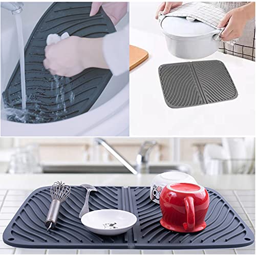 IYYI Silicone Dish Drying Mat Large Draining Mat Foldable Drainer Mat Heat Resistant Dryer Mat Dishwasher Safe Drainboard (L+Gray)