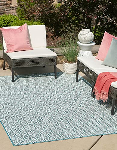 Unique Loom Outdoor Trellis Collection Area Rug - Deco Trellis (7' 1" x 10' Rectangle, Aqua/ Ivory)