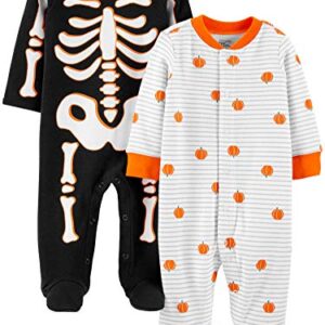 Simple Joys by Carter's Unisex Babies' Halloween Cotton Snap Footed Sleep and Play, Pack of 2, Skeleton/Halloween Pumpkin, 0-3 Months