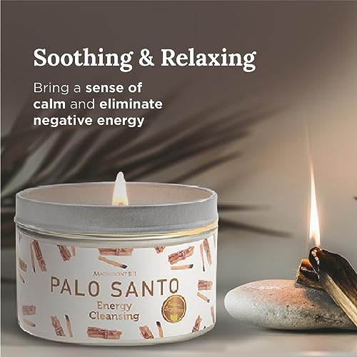 Magnificent 101 Palo Santo Smudge Candle for Home Energy Cleansing and Aromatherapy – 6 oz Natural Soy Wax Tin – 24-Hour Burn Time - Banishes Negative Energy, Chakra Healing, and Manifestation