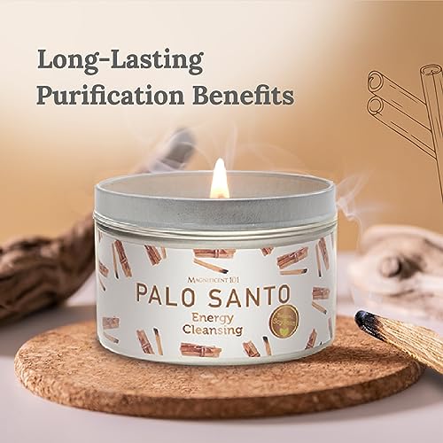 Magnificent 101 Palo Santo Smudge Candle for Home Energy Cleansing and Aromatherapy – 6 oz Natural Soy Wax Tin – 24-Hour Burn Time - Banishes Negative Energy, Chakra Healing, and Manifestation