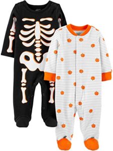 simple joys by carter's unisex babies' halloween cotton snap footed sleep and play, pack of 2, skeleton/halloween pumpkin, newborn