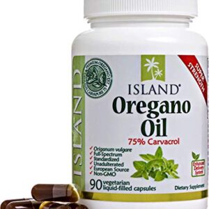 Island Nutrition, Oregano Oil Capsules, Liquid-Filled - Super-Strength Immune Support - Organic Ingredients - 75% Carvacrol - Grown in Spain - Oil of Oregano Capsules with Enhanced Delivery (90 Count)