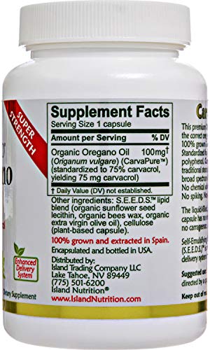 Island Nutrition, Oregano Oil Capsules, Liquid-Filled - Super-Strength Immune Support - Organic Ingredients - 75% Carvacrol - Grown in Spain - Oil of Oregano Capsules with Enhanced Delivery (90 Count)