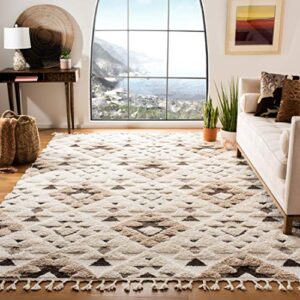 safavieh moroccan tassel shag collection area rug - 6'7" x 9'2", ivory & brown, boho design, non-shedding & easy care, 2-inch thick ideal for high traffic areas in living room, bedroom (mts688a)