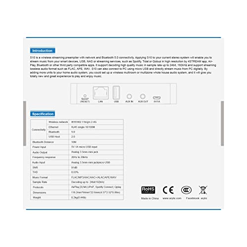 Arylic S10 WiFi & Bluetooth 5.0 preamplifier/Audio Receiver, Wireless multiroom/multizone Home Stereo Music Receiver Circuit Module with Airplay，Spotify Connect and Remote Control for DIY Speakers