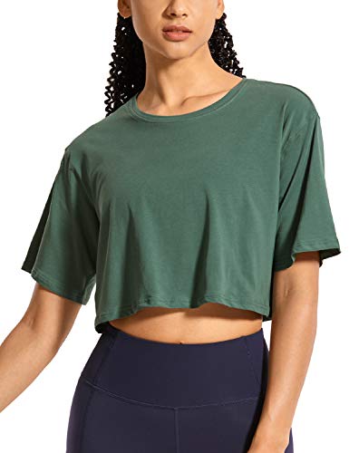 CRZ YOGA Women's Pima Cotton Workout Crop Tops Short Sleeve Yoga Shirts Casual Athletic Running T-Shirts Graphite Green Large