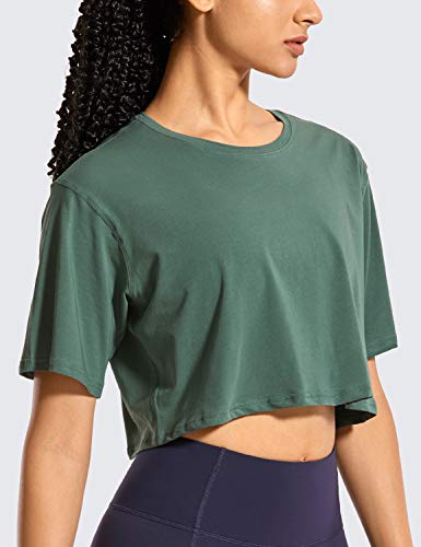 CRZ YOGA Women's Pima Cotton Workout Crop Tops Short Sleeve Yoga Shirts Casual Athletic Running T-Shirts Graphite Green Large