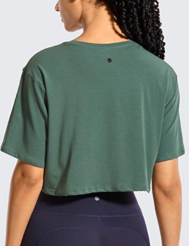 CRZ YOGA Women's Pima Cotton Workout Crop Tops Short Sleeve Yoga Shirts Casual Athletic Running T-Shirts Graphite Green Large