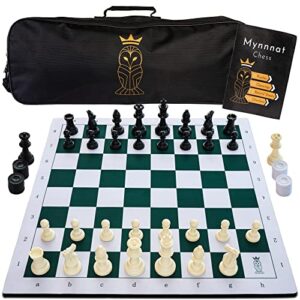 mynnnat professional chess set, thick tournament roll up board and pieces with travel bag, checkers and unique booklet for chess training - white & green