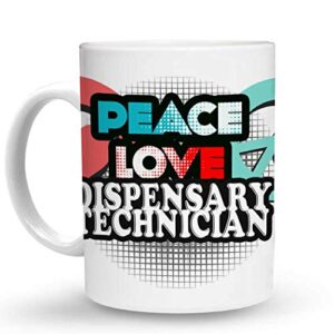 makoroni - peace love dispensary technician - 11 oz. unique ceramic coffee cup, coffee mug