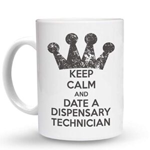 makoroni - keep calm and date a dispensary technician - 11 oz. unique ceramic coffee cup, coffee mug