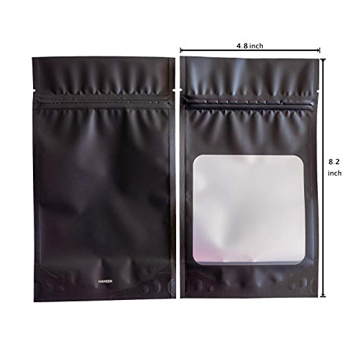 HANSER | Smell Proof Odorless Mylar Resealable Foil Pouch Bags with clear Window | Stand up bottom | Airtight | matte black | 100 Pieces | 4.8x8.2 Inches