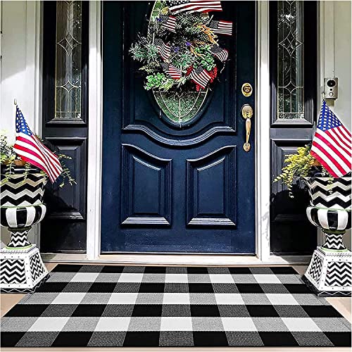 EARTHALL Front Door Mat 27.5''x43'' Buffalo Plaid Rug, Door Mats Outdoor Machine Washable, Outdoor Mat for Front Porch, Outdoor Mats for Front Door, Front Door Mat Outdoor Entrance, Black