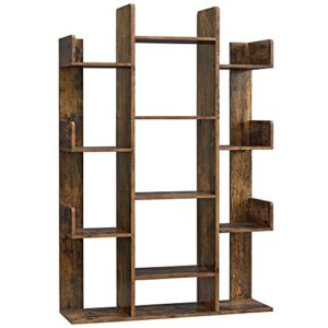 vasagle bookshelf, tree-shaped bookcase with 13 storage shelves, rounded corners, 9.8”d x 33.9”w x 55.1”h, rustic brown ulbc67bxv1