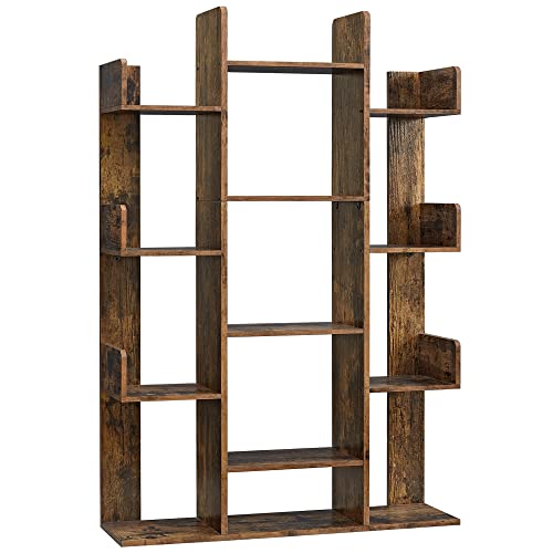 VASAGLE Bookshelf, Tree-Shaped Bookcase with 13 Storage Shelves, Rounded Corners, 9.8”D x 33.9”W x 55.1”H, Rustic Brown ULBC67BXV1