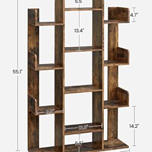 VASAGLE Bookshelf, Tree-Shaped Bookcase with 13 Storage Shelves, Rounded Corners, 9.8”D x 33.9”W x 55.1”H, Rustic Brown ULBC67BXV1