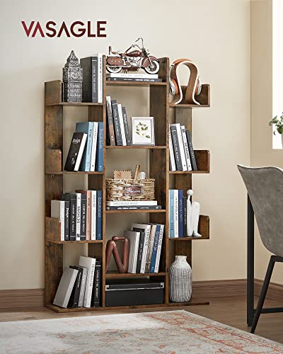 VASAGLE Bookshelf, Tree-Shaped Bookcase with 13 Storage Shelves, Rounded Corners, 9.8”D x 33.9”W x 55.1”H, Rustic Brown ULBC67BXV1