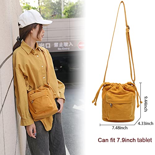 Small Drawstring Bucket Purse for Women Cute Canvas Crossbody Bag Shoulder Handbag