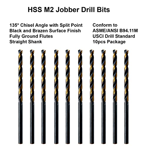 MAXTOOL 3/32" 10pcs Identical Jobber Length Drills HSS M2 Twist Drill Bits Fully Ground Black & Bronze Straight Shank Drills; JBF02H10R06P10