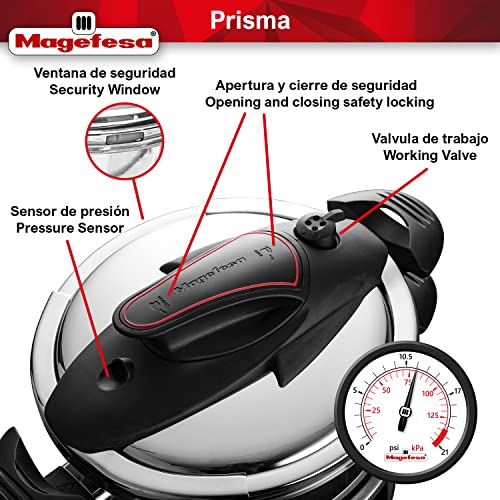 MAGEFESA ® Prisma 4.2 + 6.3 Quart Stove-top Super Fast Pressure Cooker, Easy Smooth Locking Mechanism, Polished 18/10 Stainles Steel, Suitable Induction, 5 Security Systems, 11.6 PSI Working pressure