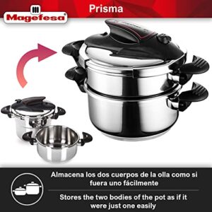 MAGEFESA ® Prisma 4.2 + 6.3 Quart Stove-top Super Fast Pressure Cooker, Easy Smooth Locking Mechanism, Polished 18/10 Stainles Steel, Suitable Induction, 5 Security Systems, 11.6 PSI Working pressure