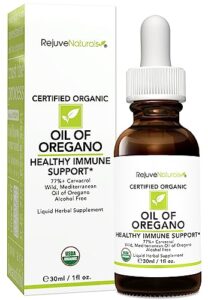 rejuvenaturals oil of oregano, usda organic - 1 fl oz (30ml liquid) wild, mediterranean oregano oil. concentrated immune support drops. gluten free, vegan & non-gmo. min 77% carvacrol