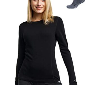 Merino.tech Merino Wool Base Layer Women 100% Merino Wool Midweight Long Sleeve Thermal Shirts + Wool Socks (Medium, Black 250)