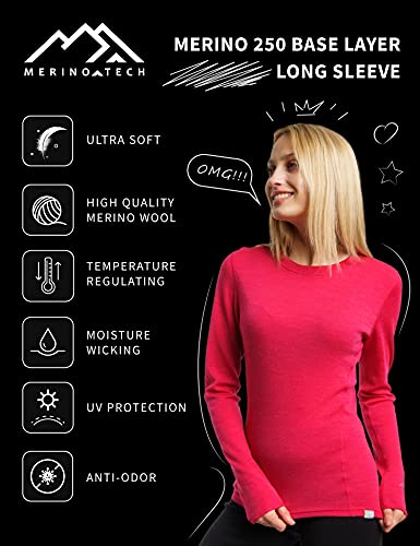 Merino.tech Merino Wool Base Layer Women 100% Merino Wool Midweight Long Sleeve Thermal Shirts + Wool Socks (Medium, Black 250)