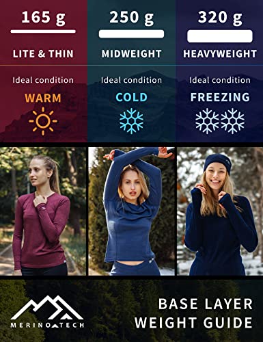 Merino.tech Merino Wool Base Layer Women 100% Merino Wool Midweight Long Sleeve Thermal Shirts + Wool Socks (Medium, Black 250)