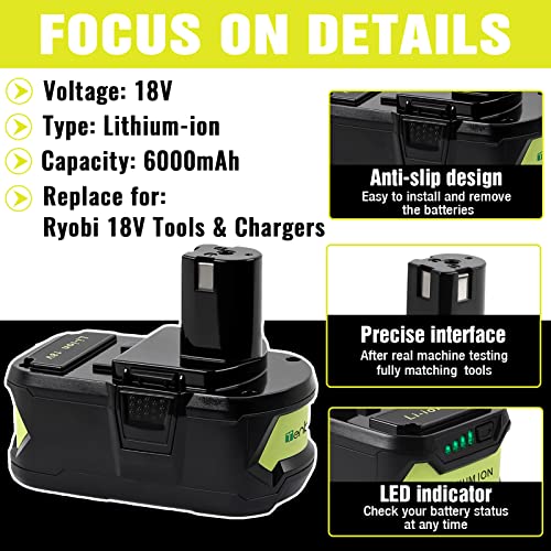 TenHutt 【Upgrade】 2 Packs 6.0Ah P108 Lithium Replacement Battery for Ryobi 18V ONE+ Cordless Power Tool Compatible with P102 P103 P104 P105 P107 P108 Lithium Battery