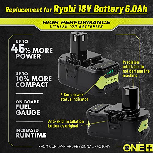 TenHutt 【Upgrade 6.0Ah Lithium Replacement Battery for Ryobi 18V ONE+ Cordless Power Tool Compatible with P102 P103 P104 P105 P107 P108 Lithium Battery