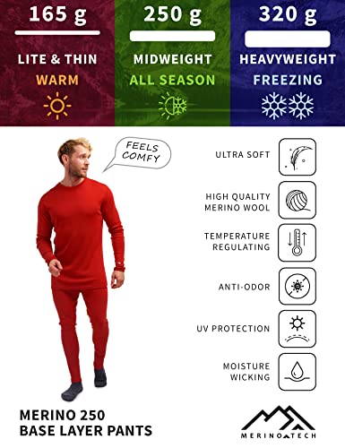 Merino Wool Men's Base Layer Pants — 100% Organic Wool Midweight Thermal Pants + Hiking Wool Socks (Medium, Black 250)