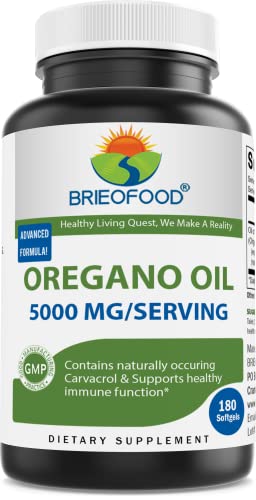 Brieofood Oregano Oil 5000mg/Serving - Contains Naturally Occuring Carvacrol - Healthy Immune Function - 180 Softgels