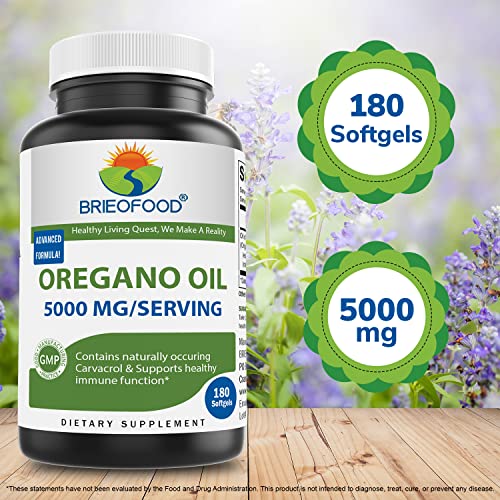 Brieofood Oregano Oil 5000mg/Serving - Contains Naturally Occuring Carvacrol - Healthy Immune Function - 180 Softgels